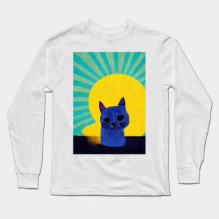 Lonely Island Cat Retro Poster Vintage Art Cat Wall Turquoise Yellow Illustration Long Sleeve T-Shirt